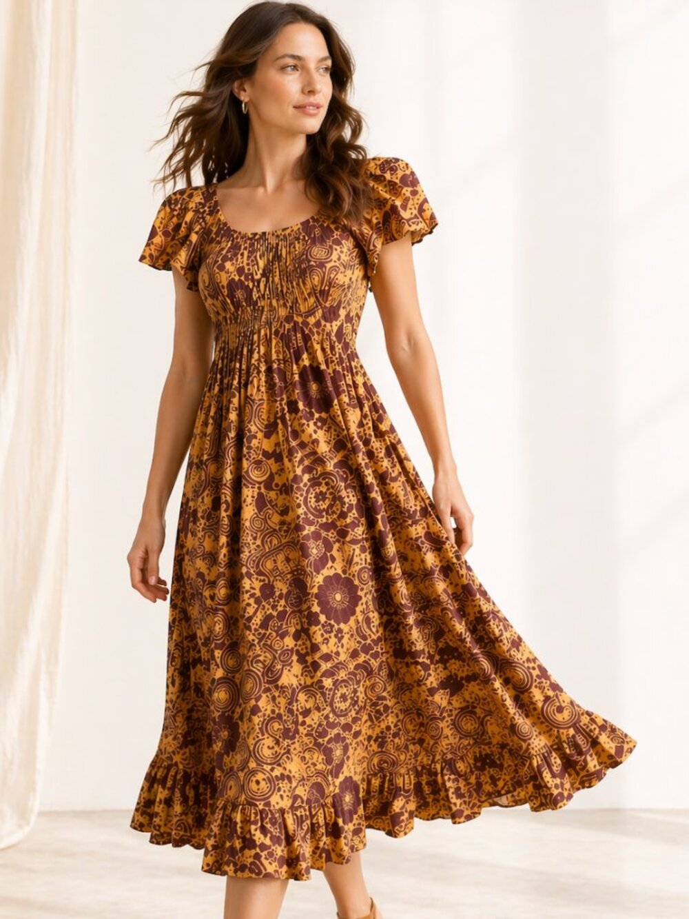 Ulla Johnson Printed Cotton Midi Dress Boho Prairie Romantic Artisan Smocked